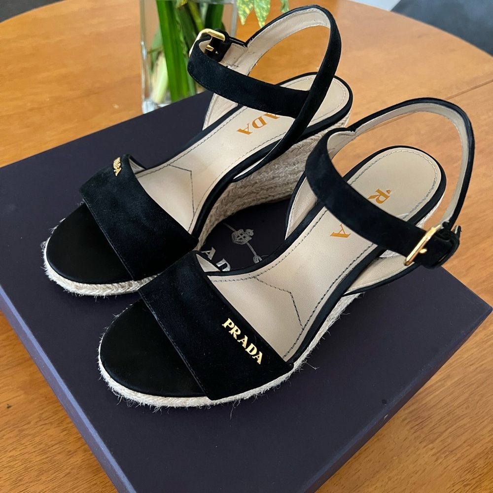 Authentic Prada Black Espadrille Wedge Sandals